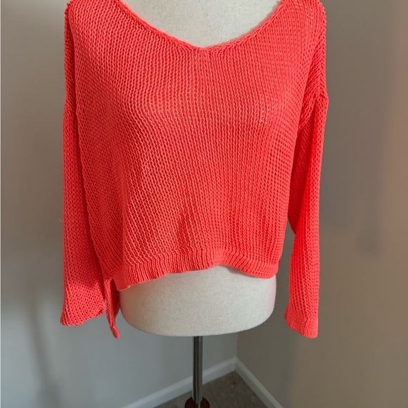 Guess Neon Coral V-Neck Knit Sweater - Picture 5 of 5